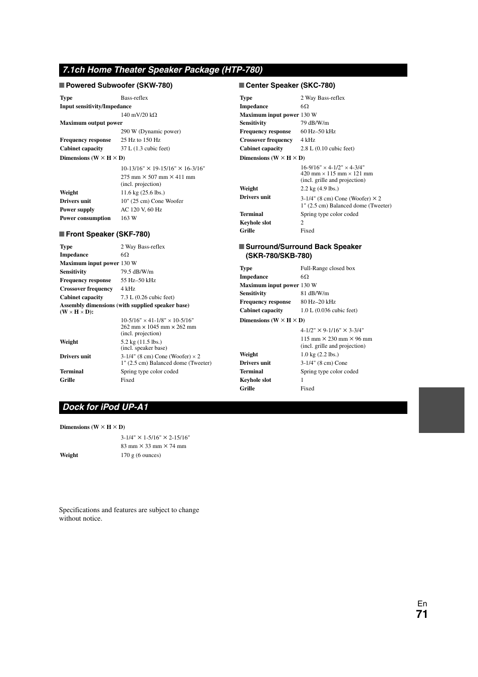 1ch home theater speaker package (htp-780), Dock for ipod up-a1 | Onkyo HT-S7300 User Manual | Page 71 / 76