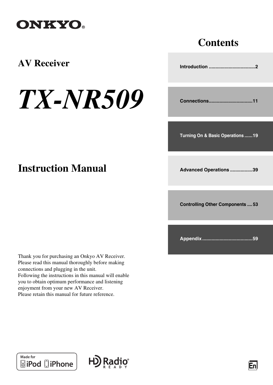 Onkyo AV Receiver TX-NR509 User Manual | 76 pages