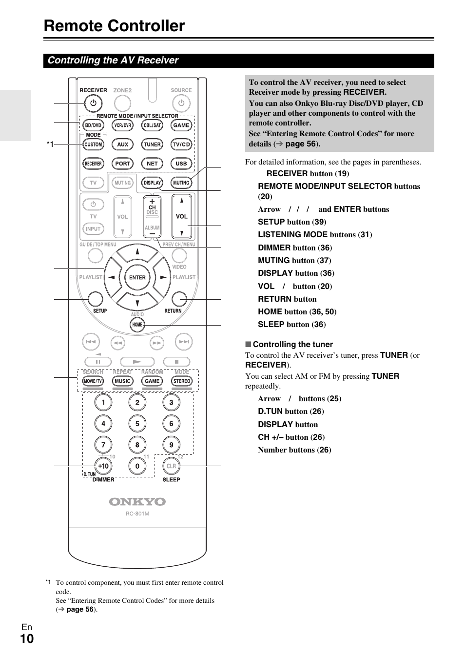 Remote controller, Controlling the av receiver | Onkyo AV Receiver TX-NR509 User Manual | Page 10 / 76
