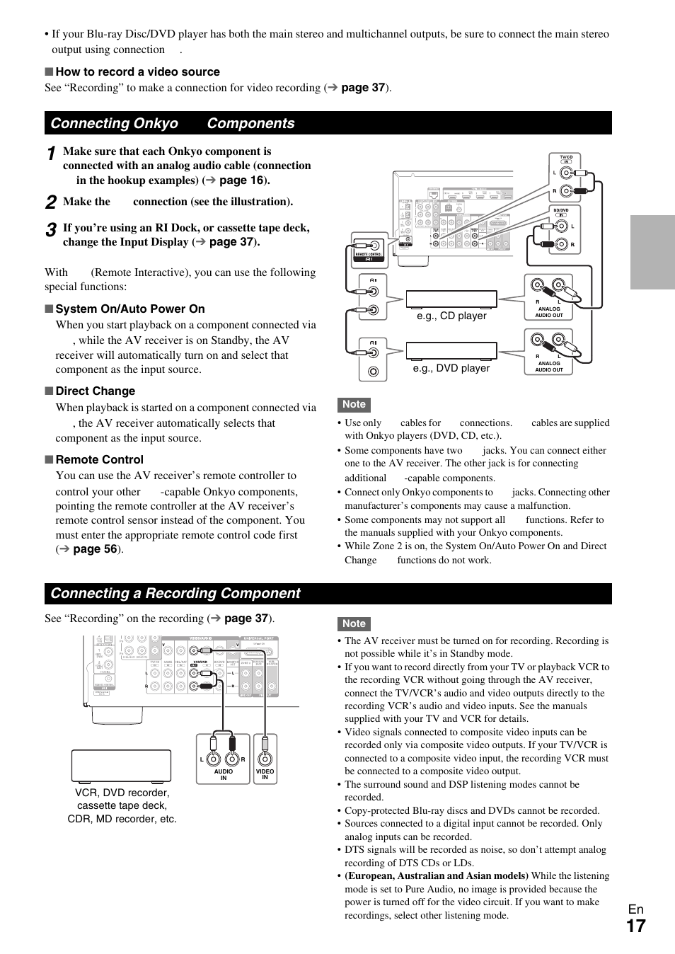 Connecting onkyo ri components, Connecting a recording component, Connecting onkyo | Connecting onkyo components | Onkyo AV Receiver TX-NR509 User Manual | Page 17 / 76