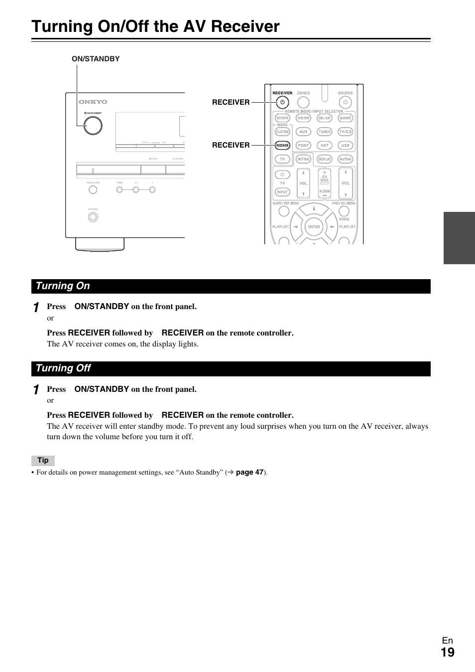 Turning on & basic operations, Turning on/off the av receiver, Turning on | Turning off, Turning on turning off | Onkyo AV Receiver TX-NR509 User Manual | Page 19 / 76