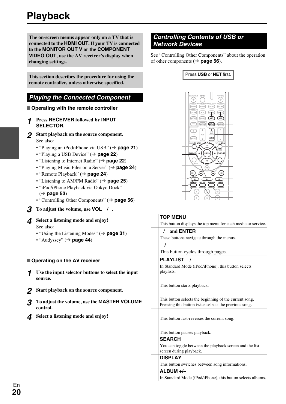 Playback, Playing the connected component, Controlling contents of usb or network devices | Onkyo AV Receiver TX-NR509 User Manual | Page 20 / 76