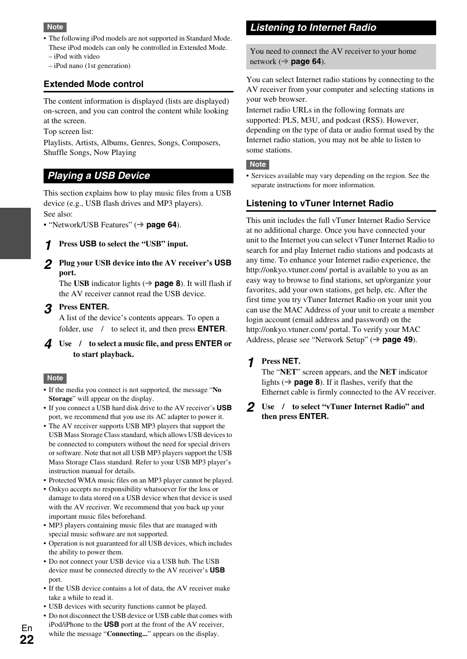 Playing a usb device, Listening to internet radio, Playing a usb device listening to internet radio | Net indicator | Onkyo AV Receiver TX-NR509 User Manual | Page 22 / 76