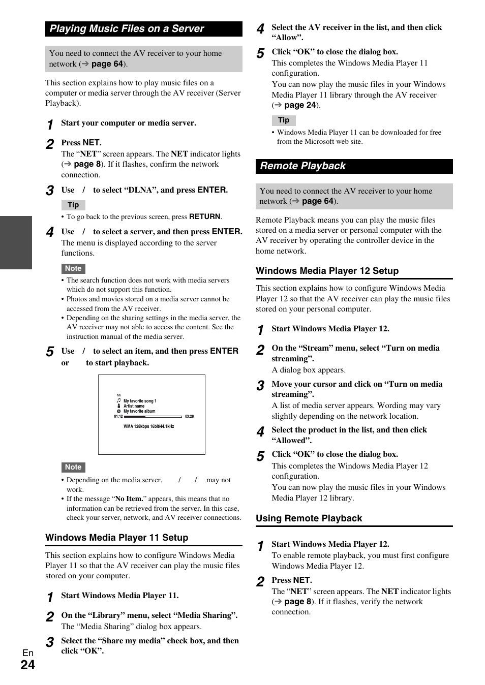 Playing music files on a server, Remote playback, Playing music files on a server remote playback | Onkyo AV Receiver TX-NR509 User Manual | Page 24 / 76