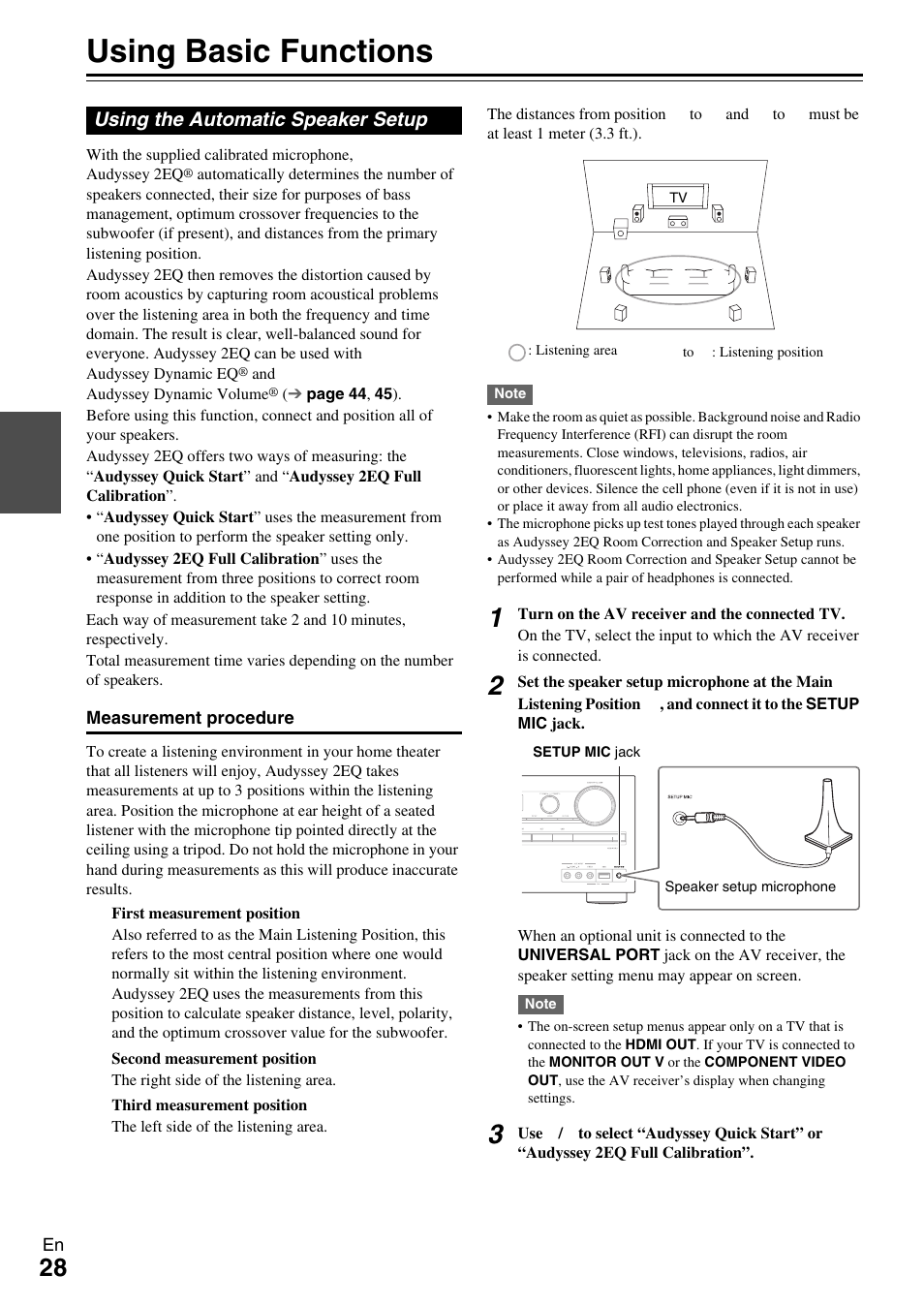 Using basic functions, Using the automatic speaker setup | Onkyo AV Receiver TX-NR509 User Manual | Page 28 / 76