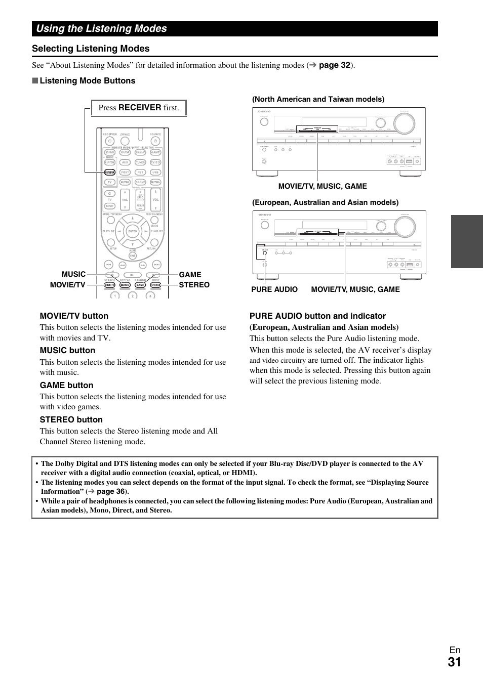 Using the listening modes | Onkyo AV Receiver TX-NR509 User Manual | Page 31 / 76
