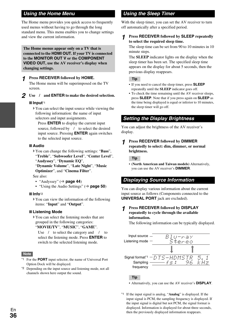 Using the home menu, Using the sleep timer, Setting the display brightness | Displaying source information, Models), Button (36, Sleep indicator, N (36, Displaying source, Information | Onkyo AV Receiver TX-NR509 User Manual | Page 36 / 76