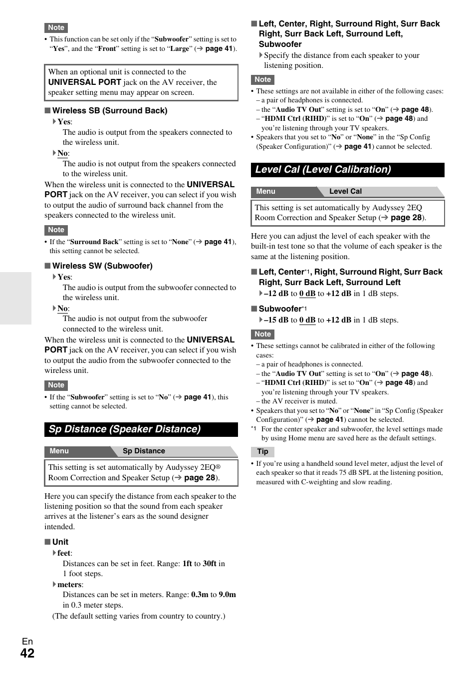 Sp distance (speaker distance), Level cal (level calibration) | Onkyo AV Receiver TX-NR509 User Manual | Page 42 / 76