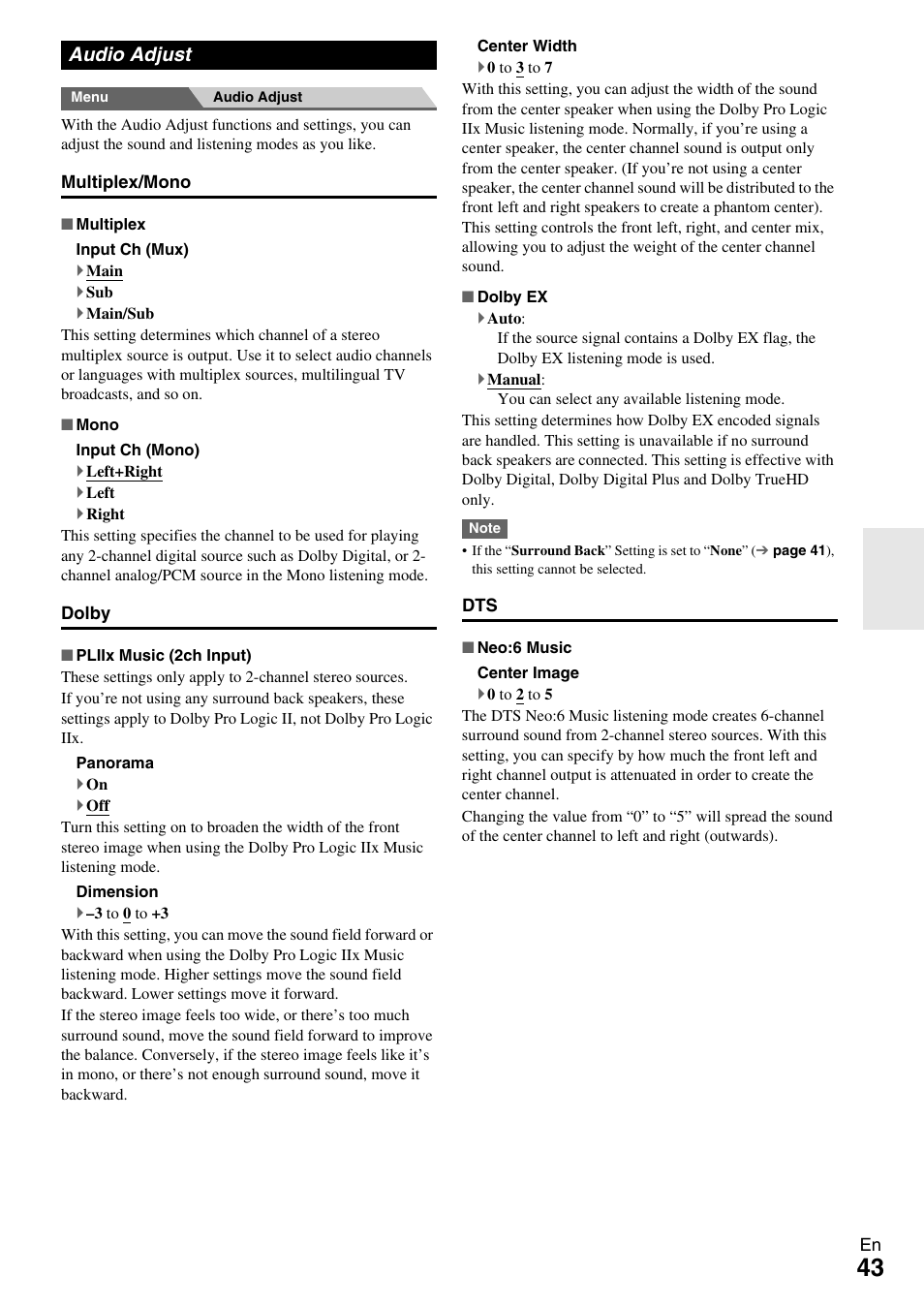 Audio adjust | Onkyo AV Receiver TX-NR509 User Manual | Page 43 / 76