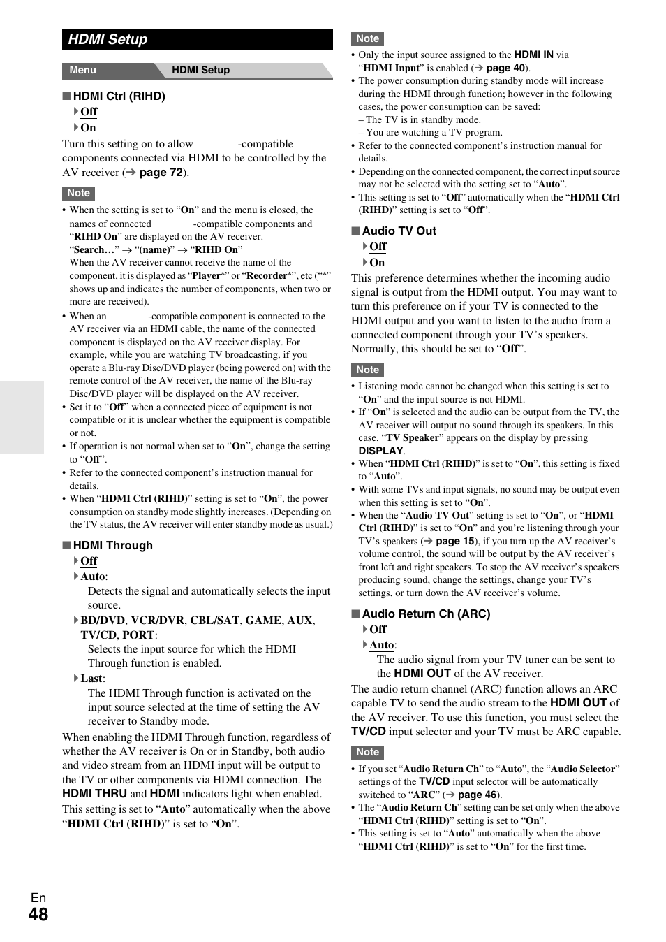 Hdmi setup | Onkyo AV Receiver TX-NR509 User Manual | Page 48 / 76