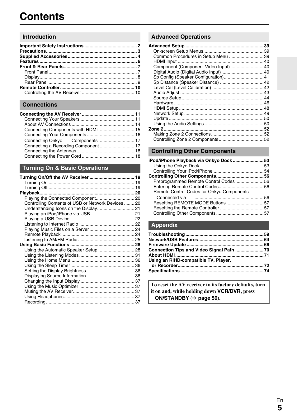 Onkyo AV Receiver TX-NR509 User Manual | Page 5 / 76