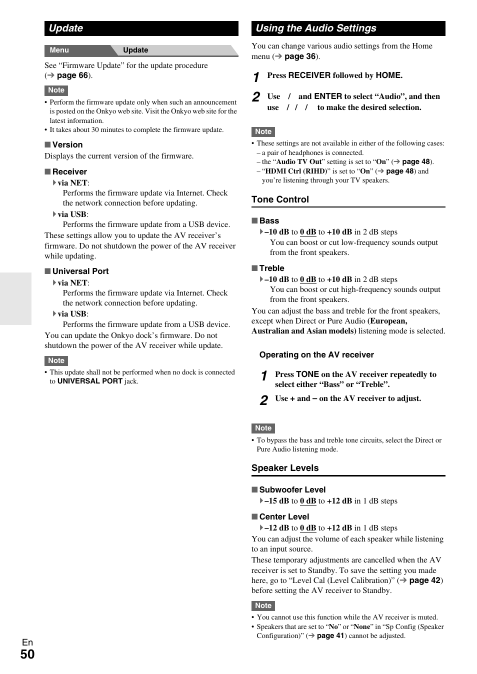 Update, Using the audio settings, Update using the audio settings | Onkyo AV Receiver TX-NR509 User Manual | Page 50 / 76