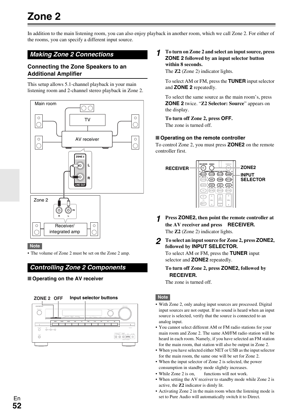 Zone 2, Making zone 2 connections, Controlling zone 2 components | Onkyo AV Receiver TX-NR509 User Manual | Page 52 / 76