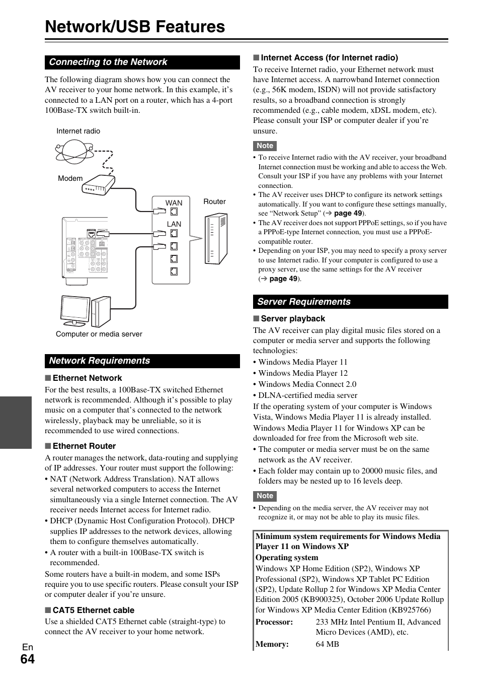 Network/usb features | Onkyo AV Receiver TX-NR509 User Manual | Page 64 / 76