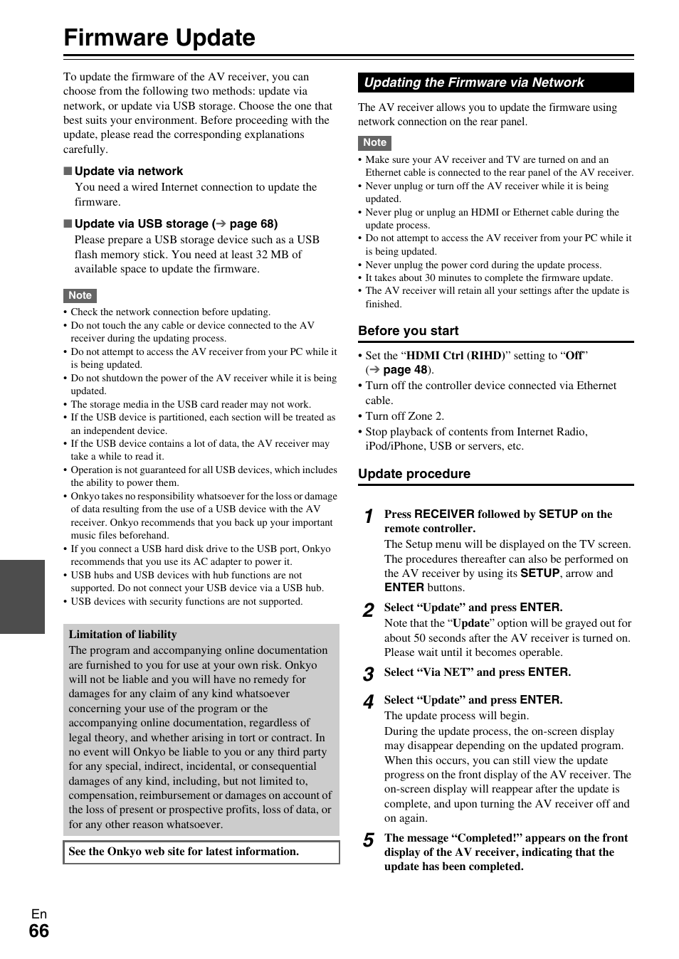 Firmware update, See “firmware update” fo | Onkyo AV Receiver TX-NR509 User Manual | Page 66 / 76