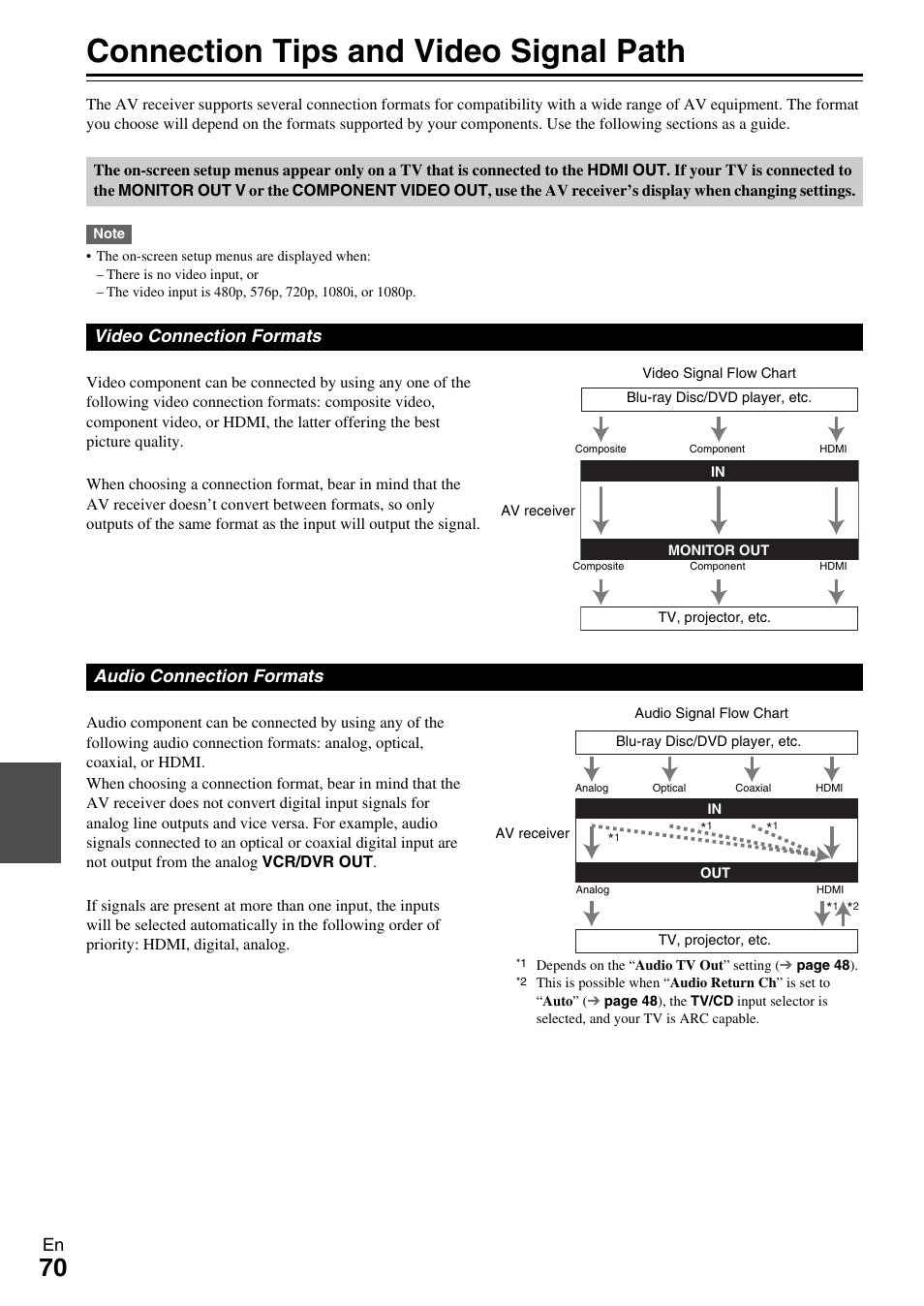 Connection tips and video signal path, Video connection formats audio connection formats | Onkyo AV Receiver TX-NR509 User Manual | Page 70 / 76