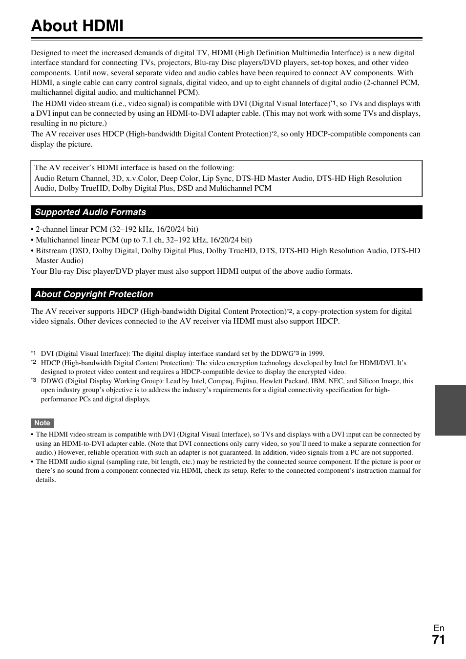 About hdmi | Onkyo AV Receiver TX-NR509 User Manual | Page 71 / 76