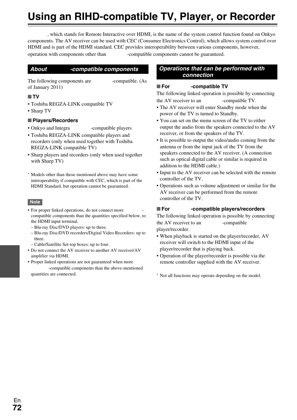 Using an rihd-compatible tv, player, or recorder, Using an rihd-compatible tv, player, Or recorder | Onkyo AV Receiver TX-NR509 User Manual | Page 72 / 76
