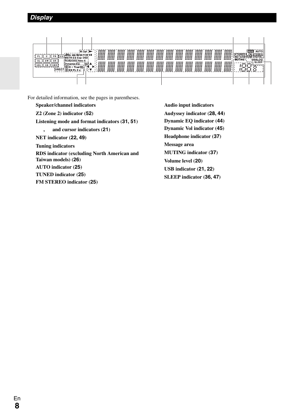 Display | Onkyo AV Receiver TX-NR509 User Manual | Page 8 / 76