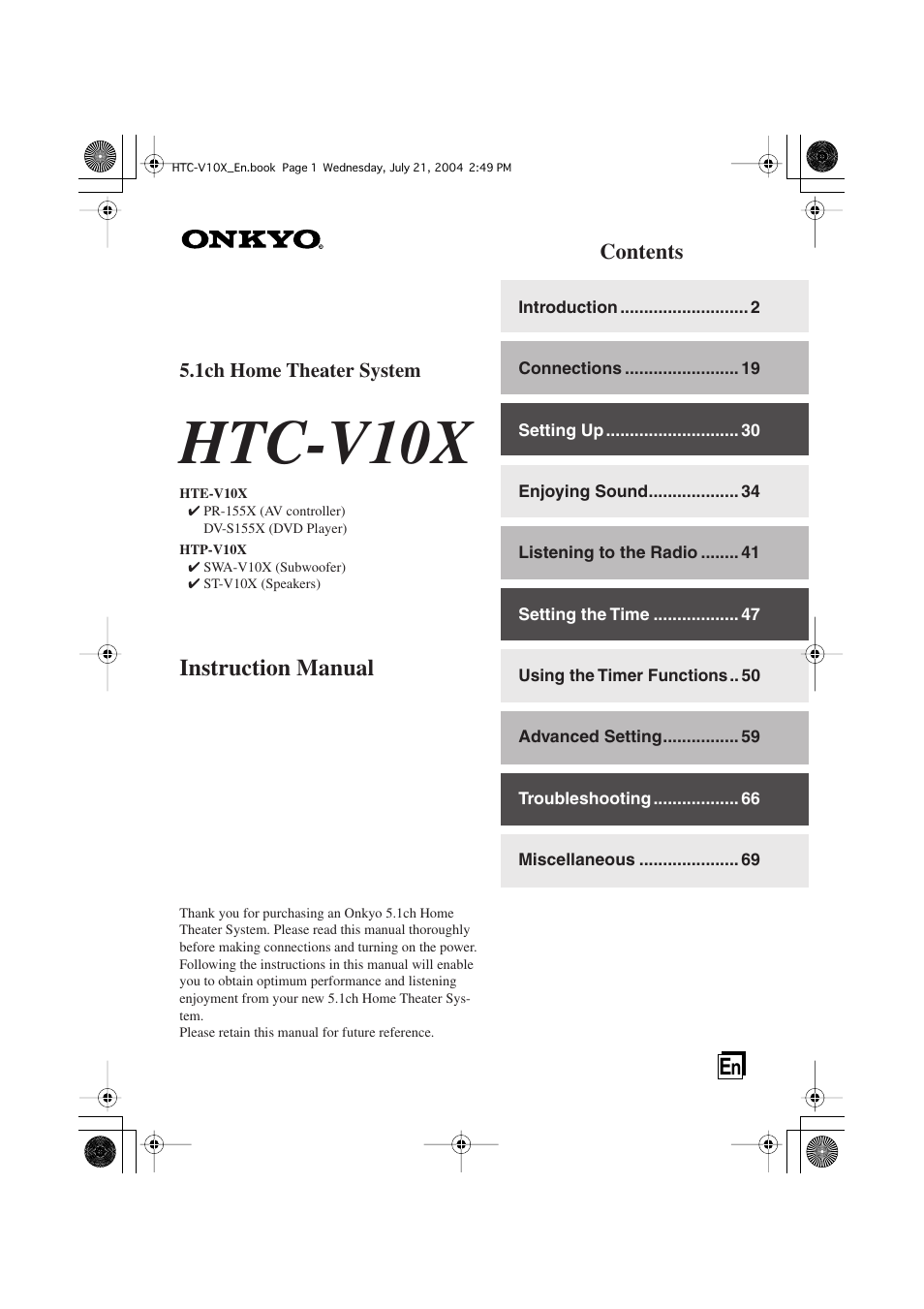 Onkyo HTC-V10X User Manual | 72 pages