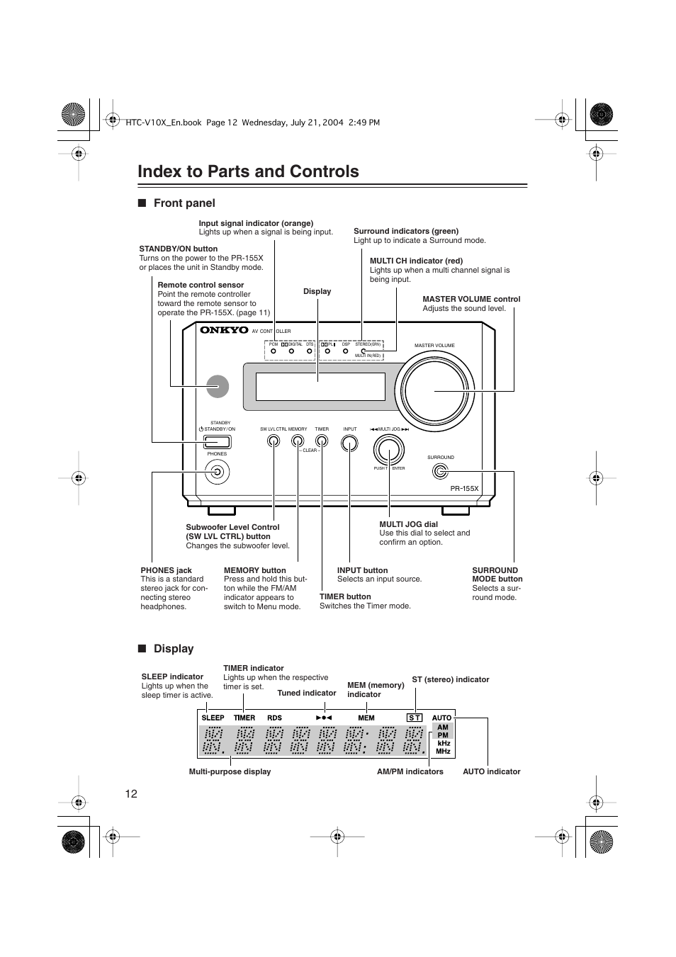 Index to parts and controls, Front panel ■ display | Onkyo HTC-V10X User Manual | Page 12 / 72