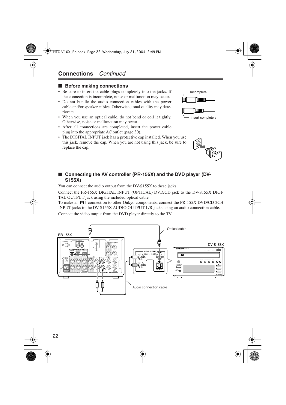 Connections —continued, Before making connections | Onkyo HTC-V10X User Manual | Page 22 / 72