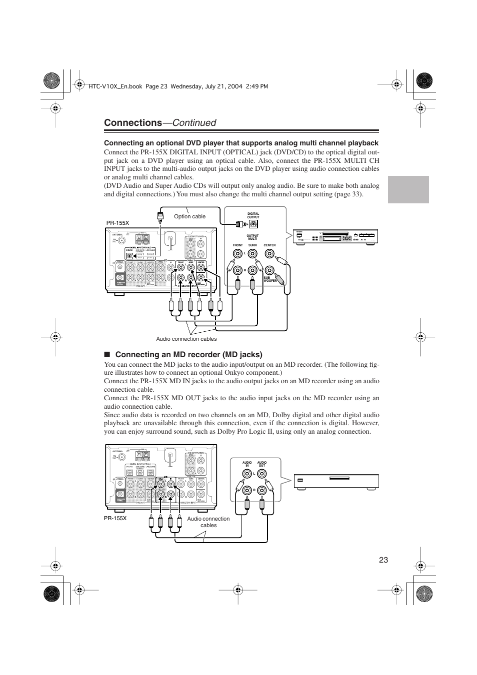 Connections —continued, Connecting an md recorder (md jacks) | Onkyo HTC-V10X User Manual | Page 23 / 72