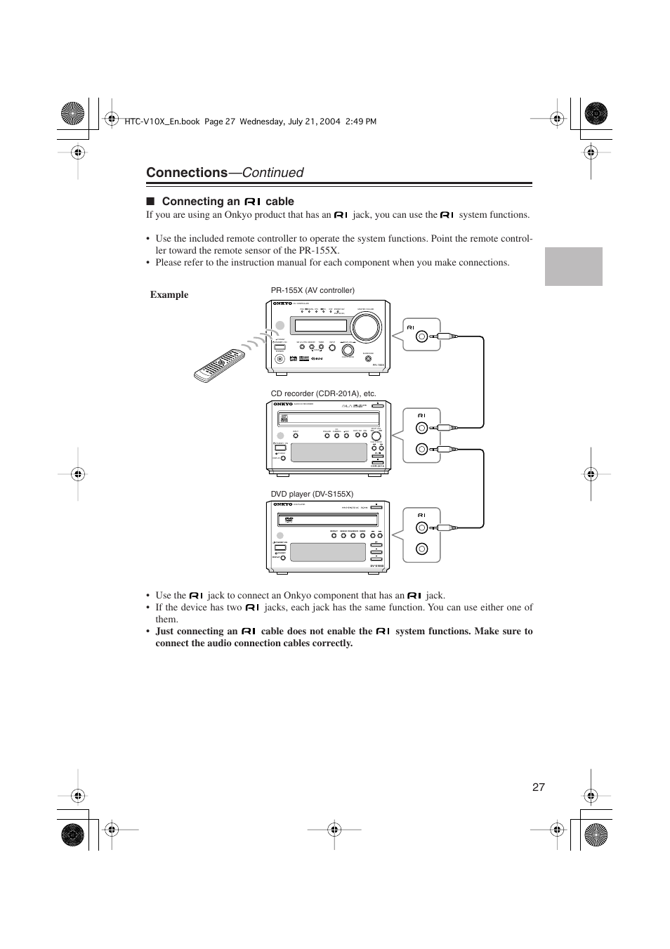 Connections —continued, Connecting an cable, Example | Onkyo HTC-V10X User Manual | Page 27 / 72