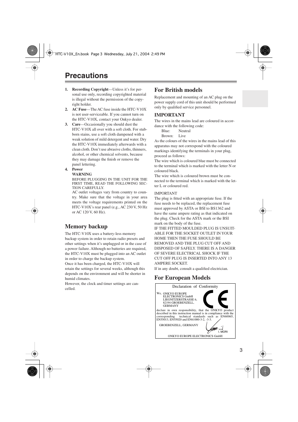 Precautions, For british models, For european models | Onkyo HTC-V10X User Manual | Page 3 / 72