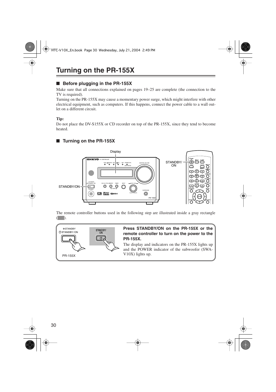 Turning on the pr-155x, Before plugging in the pr-155x | Onkyo HTC-V10X User Manual | Page 30 / 72