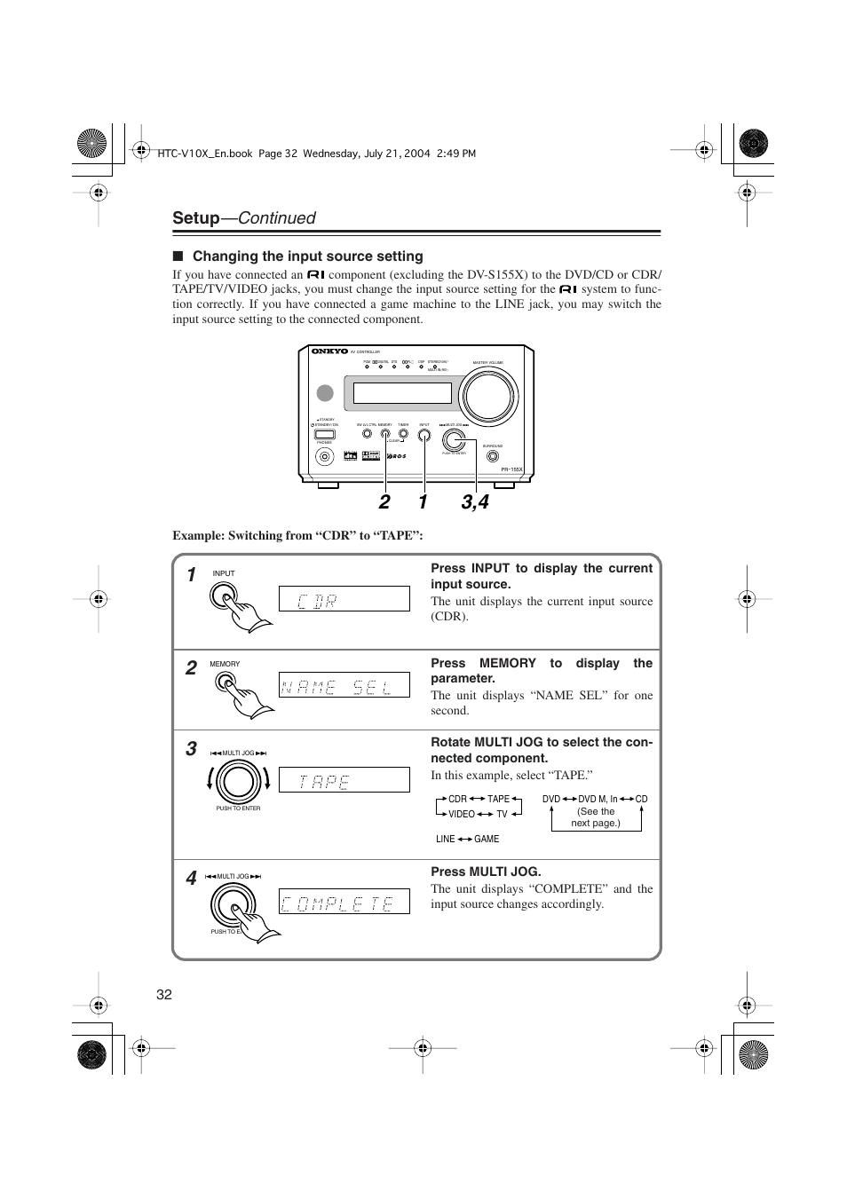 Setup —continued, Changing the input source setting | Onkyo HTC-V10X User Manual | Page 32 / 72