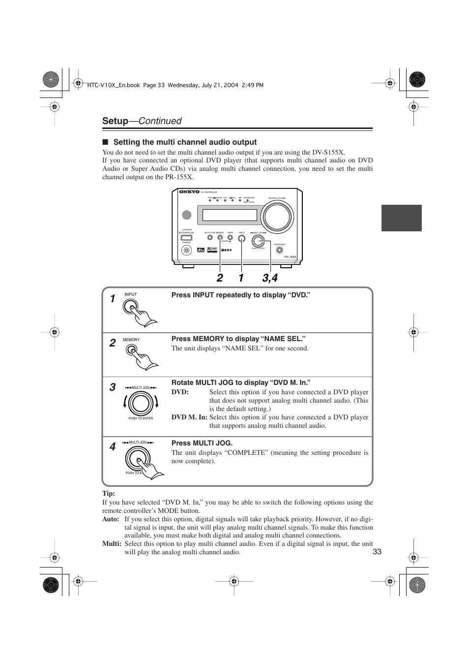 Setup —continued, Setting the multi channel audio output | Onkyo HTC-V10X User Manual | Page 33 / 72