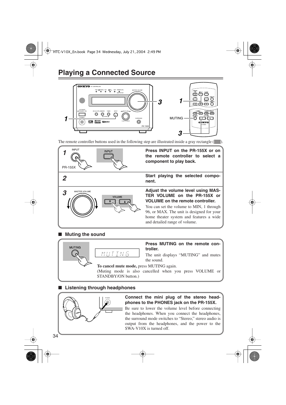 Playing a connected source, Muting the sound ■ listening through headphones | Onkyo HTC-V10X User Manual | Page 34 / 72