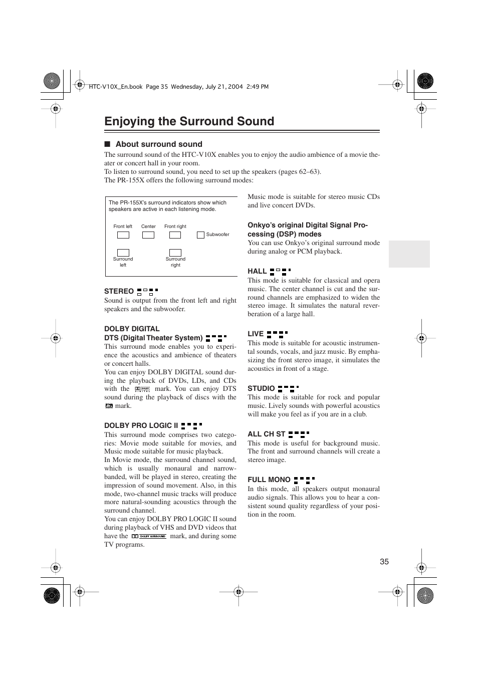 Enjoying the surround sound | Onkyo HTC-V10X User Manual | Page 35 / 72