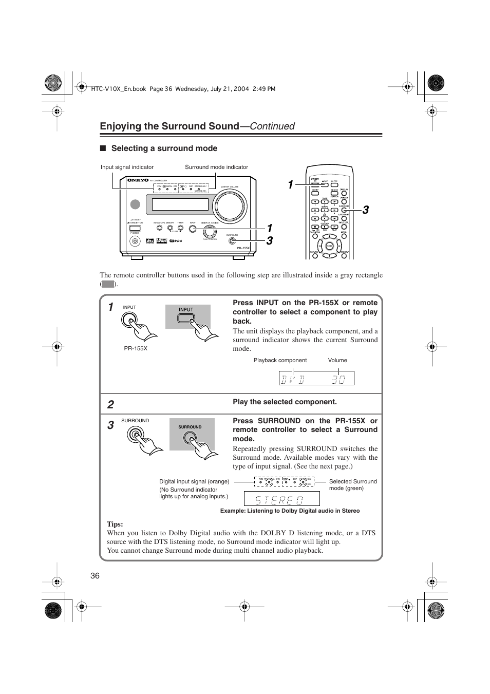 Enjoying the surround sound —continued, Selecting a surround mode | Onkyo HTC-V10X User Manual | Page 36 / 72