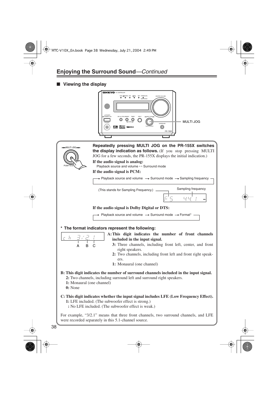 Enjoying the surround sound —continued, Viewing the display | Onkyo HTC-V10X User Manual | Page 38 / 72