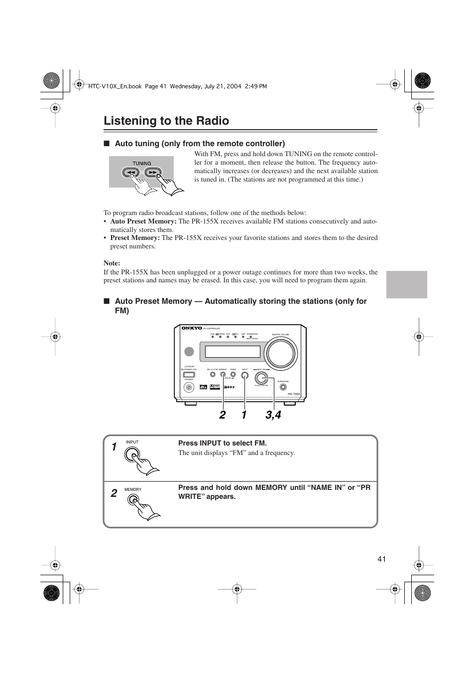 Listening to the radio, Auto tuning (only from the remote controller) | Onkyo HTC-V10X User Manual | Page 41 / 72