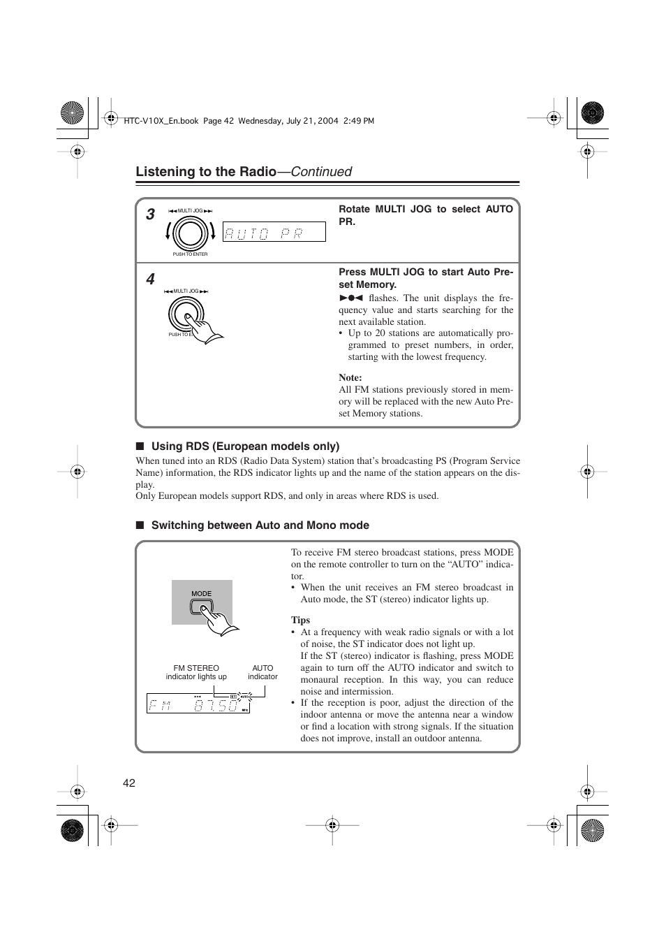 Listening to the radio —continued | Onkyo HTC-V10X User Manual | Page 42 / 72