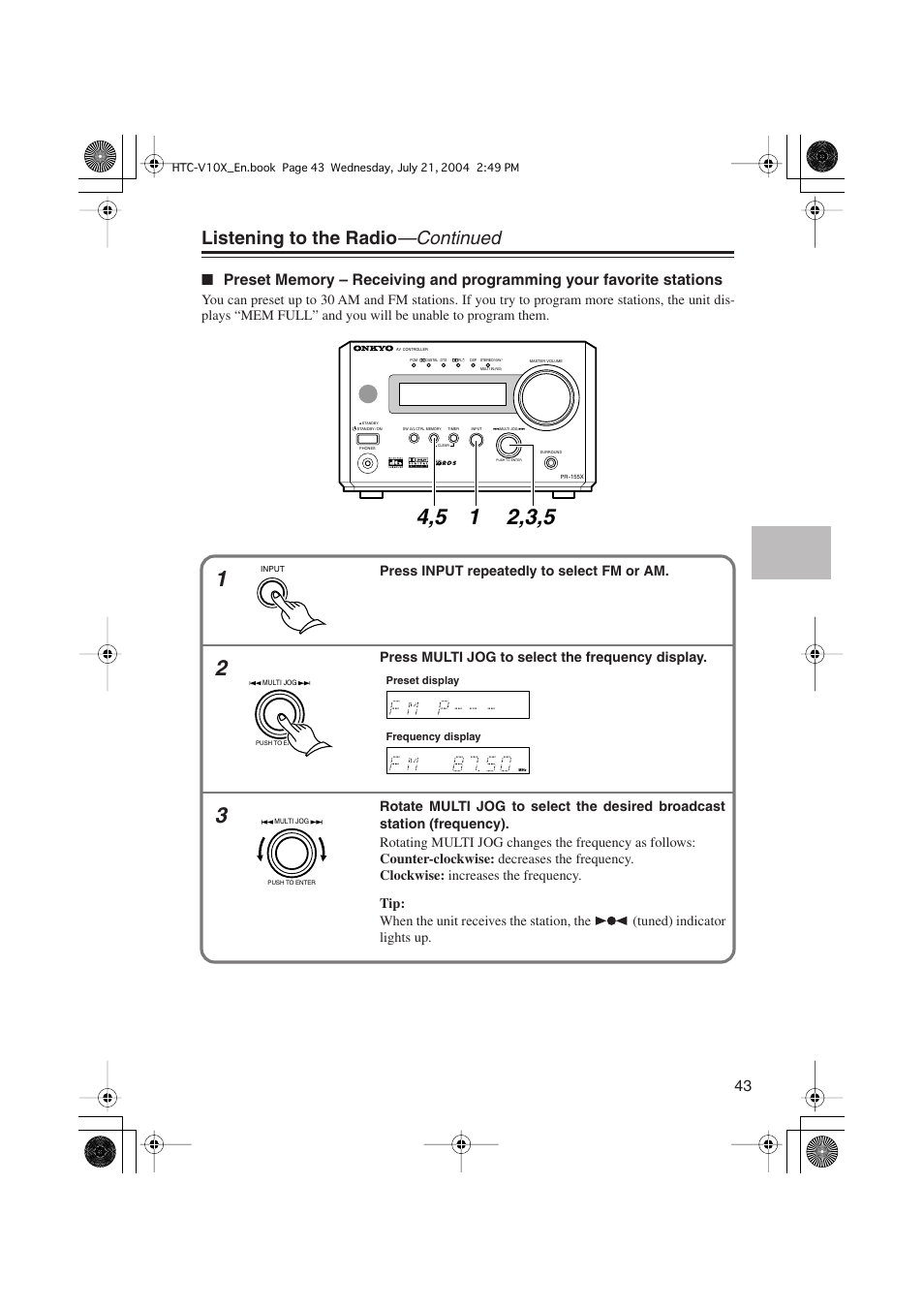 Listening to the radio —continued | Onkyo HTC-V10X User Manual | Page 43 / 72