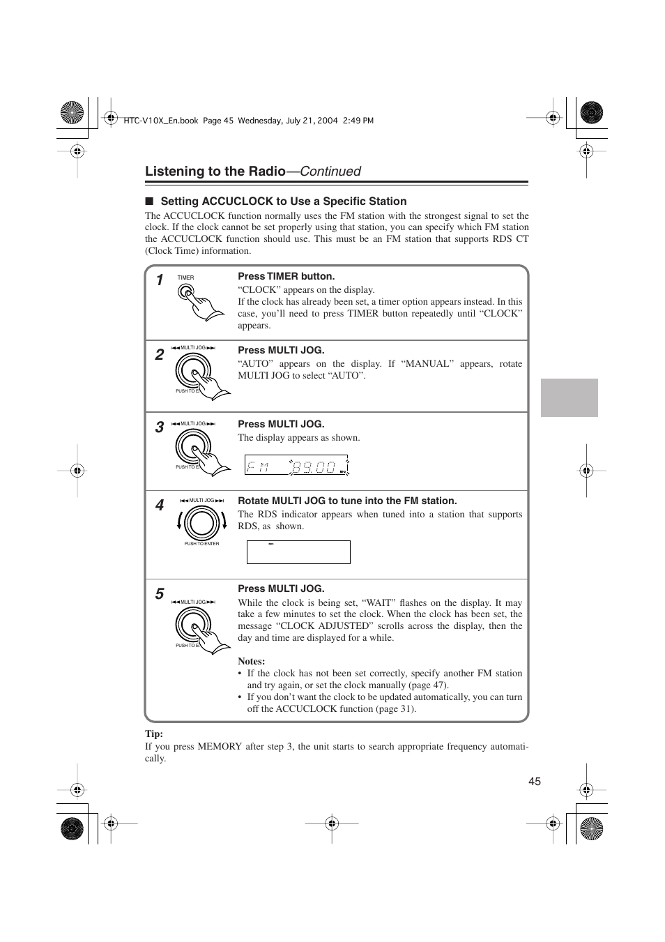 Listening to the radio —continued | Onkyo HTC-V10X User Manual | Page 45 / 72