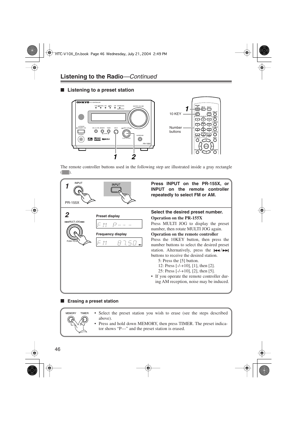 Listening to the radio —continued, Listening to a preset station | Onkyo HTC-V10X User Manual | Page 46 / 72