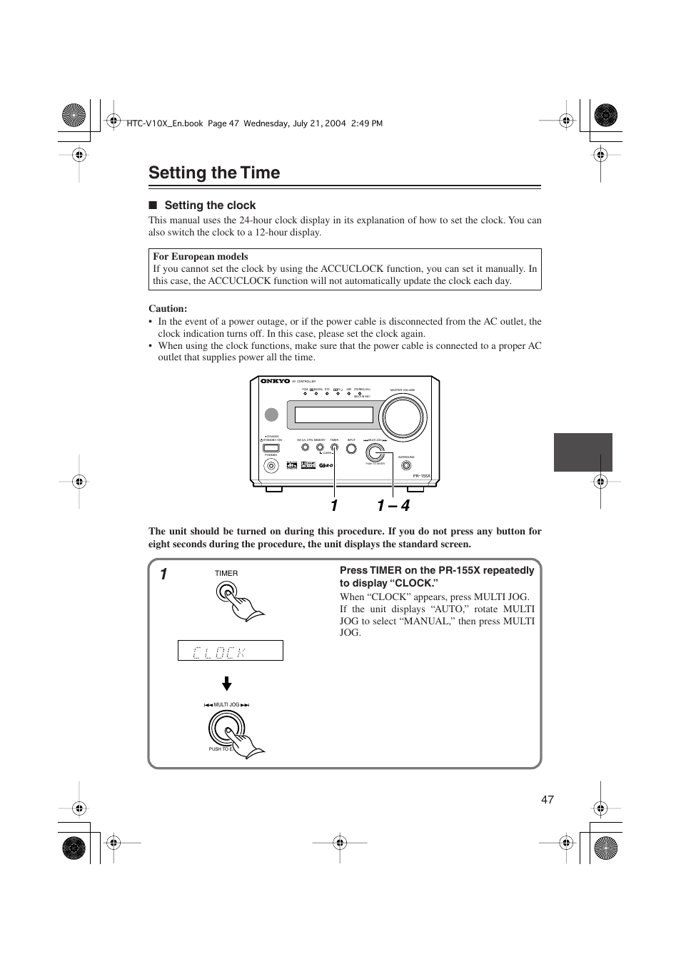 Setting the time, Setting the clock | Onkyo HTC-V10X User Manual | Page 47 / 72