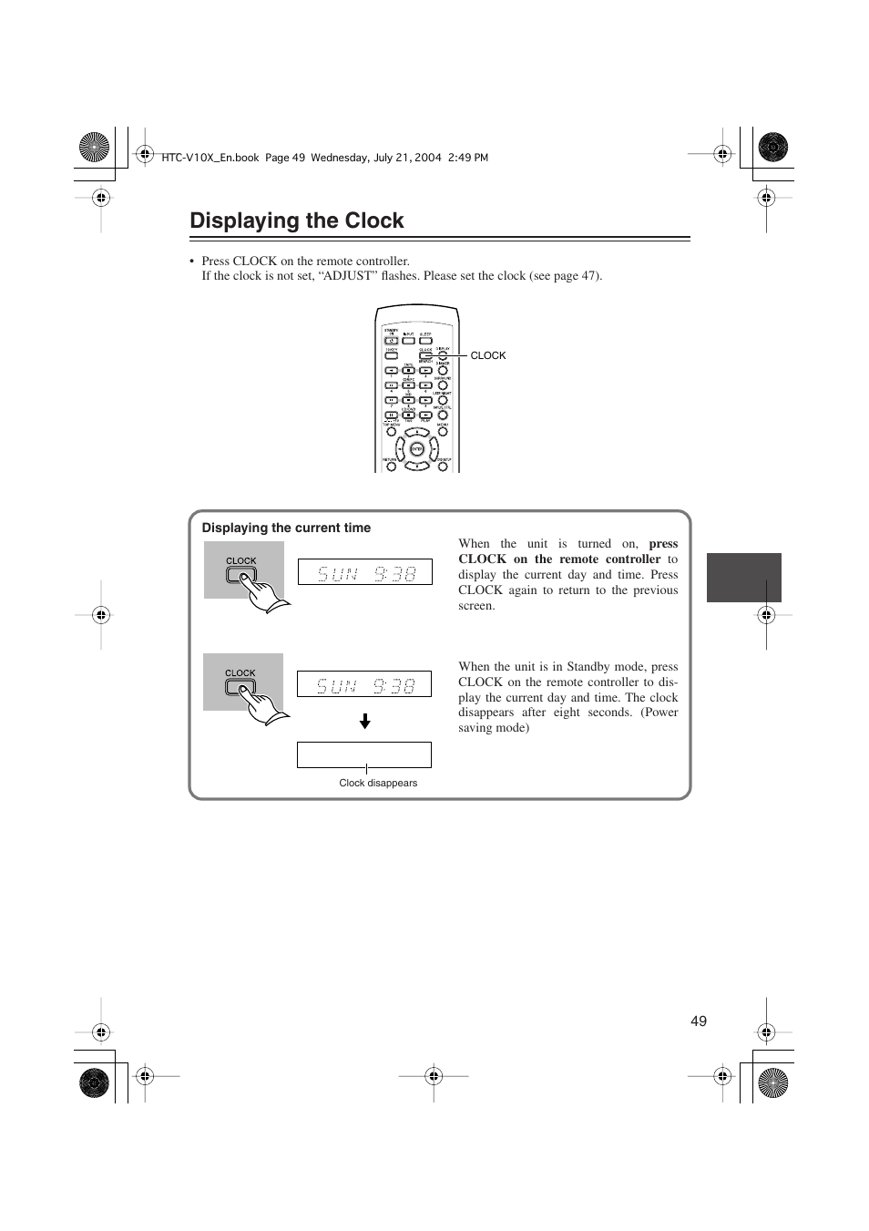 Displaying the clock | Onkyo HTC-V10X User Manual | Page 49 / 72