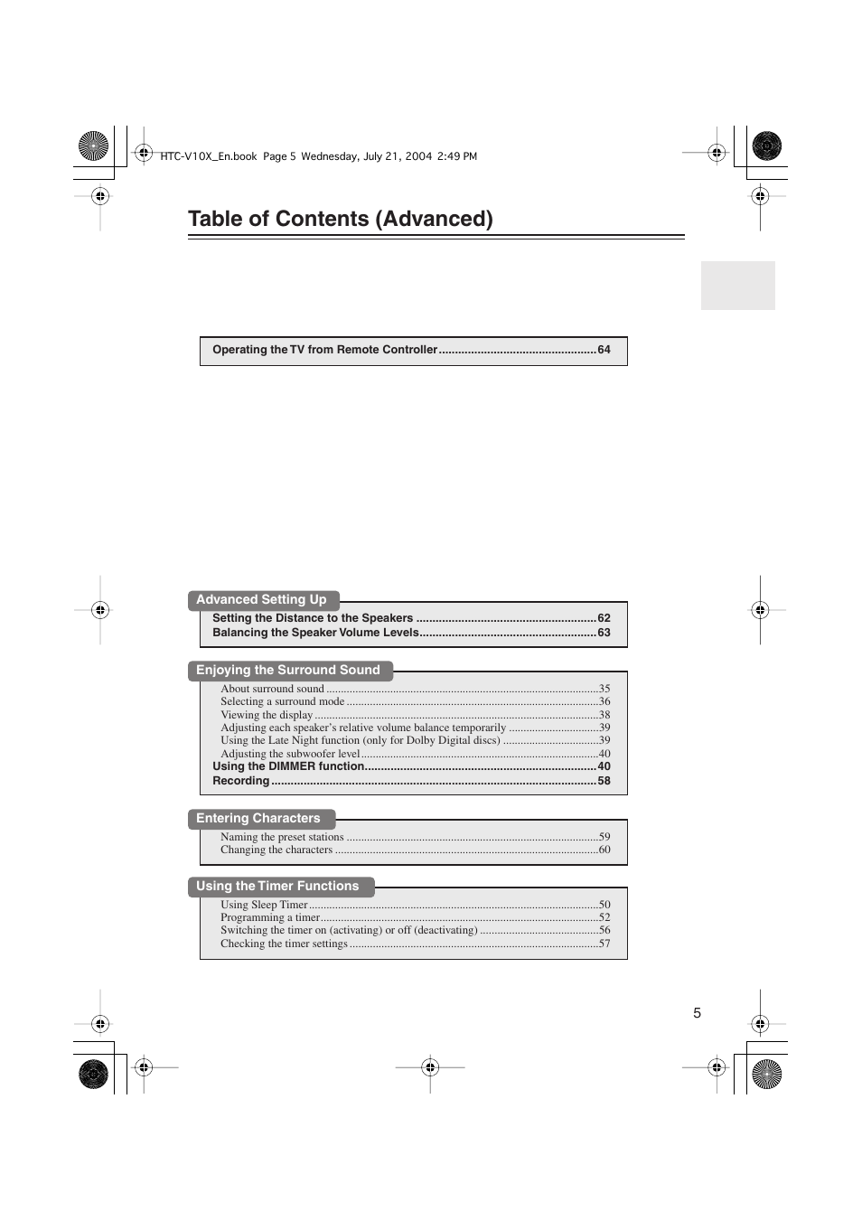 Table of contents (advanced) | Onkyo HTC-V10X User Manual | Page 5 / 72