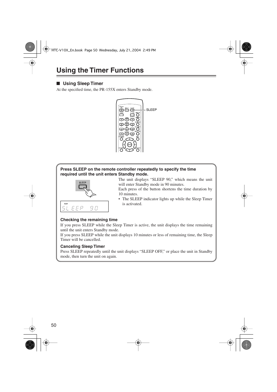 Using the timer functions | Onkyo HTC-V10X User Manual | Page 50 / 72