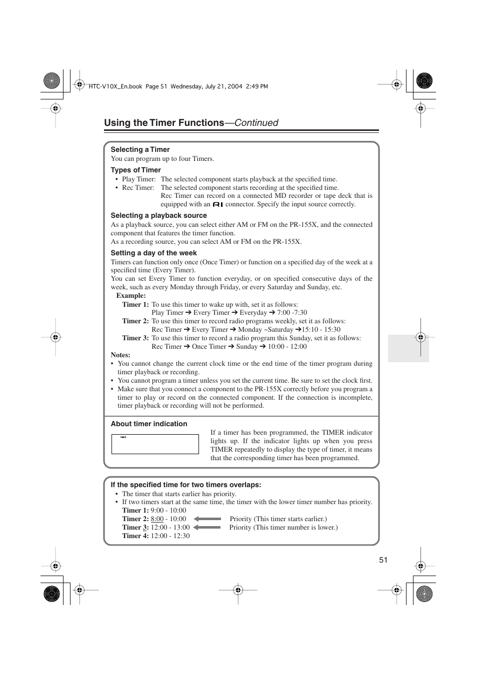 Using the timer functions —continued | Onkyo HTC-V10X User Manual | Page 51 / 72