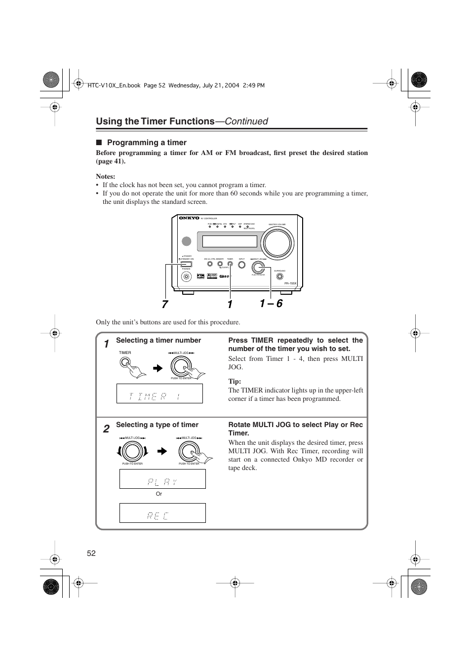 Using the timer functions —continued, Programming a timer, Selecting a timer number selecting a type of timer | Onkyo HTC-V10X User Manual | Page 52 / 72