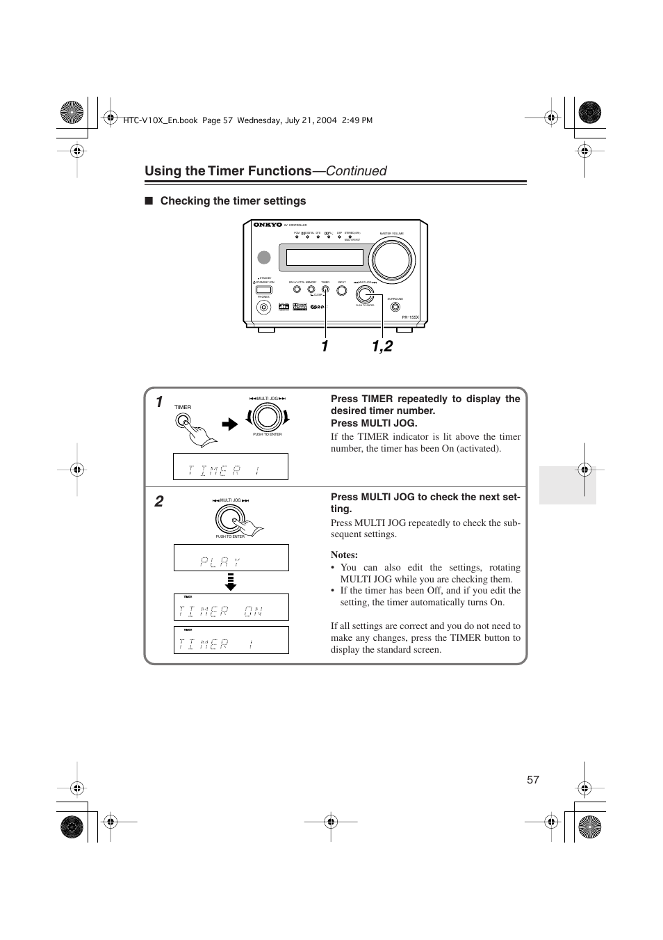 Using the timer functions —continued, Checking the timer settings | Onkyo HTC-V10X User Manual | Page 57 / 72