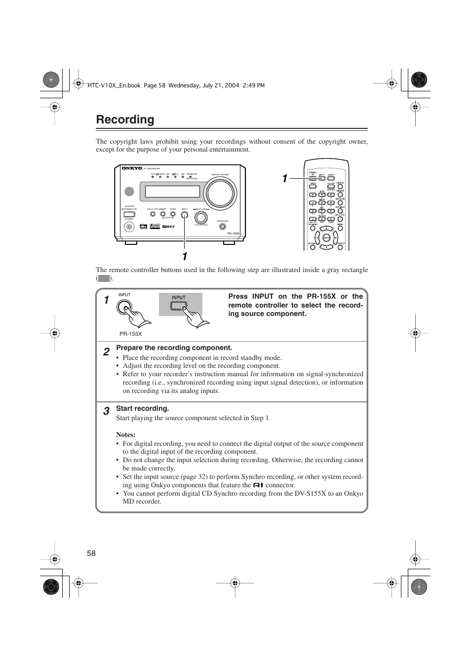 Recording | Onkyo HTC-V10X User Manual | Page 58 / 72