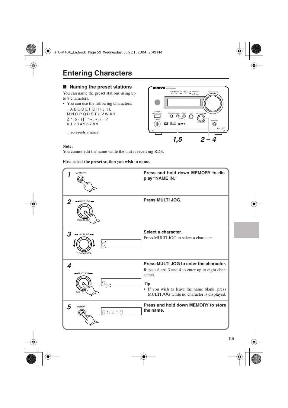 Entering characters, Naming the preset stations | Onkyo HTC-V10X User Manual | Page 59 / 72